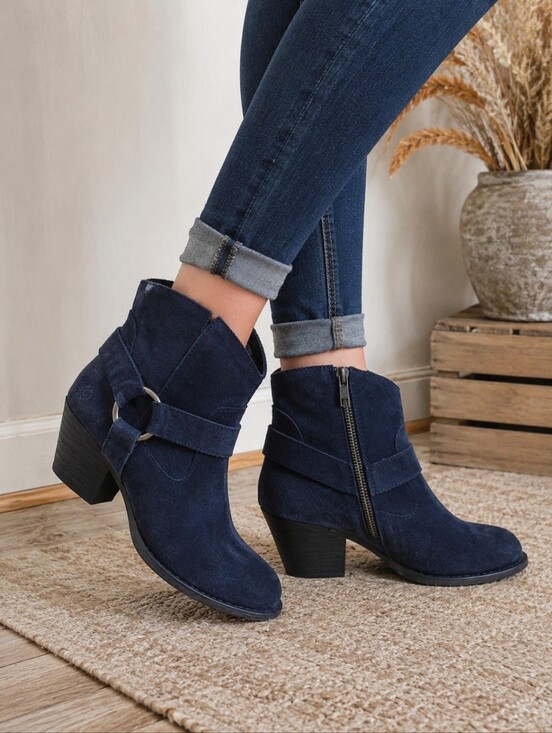 Born Shoes - Born Navy Blue Heeled Ankle Boots Booties Women's 8 M Zip Up Side Almond Toe EUC
